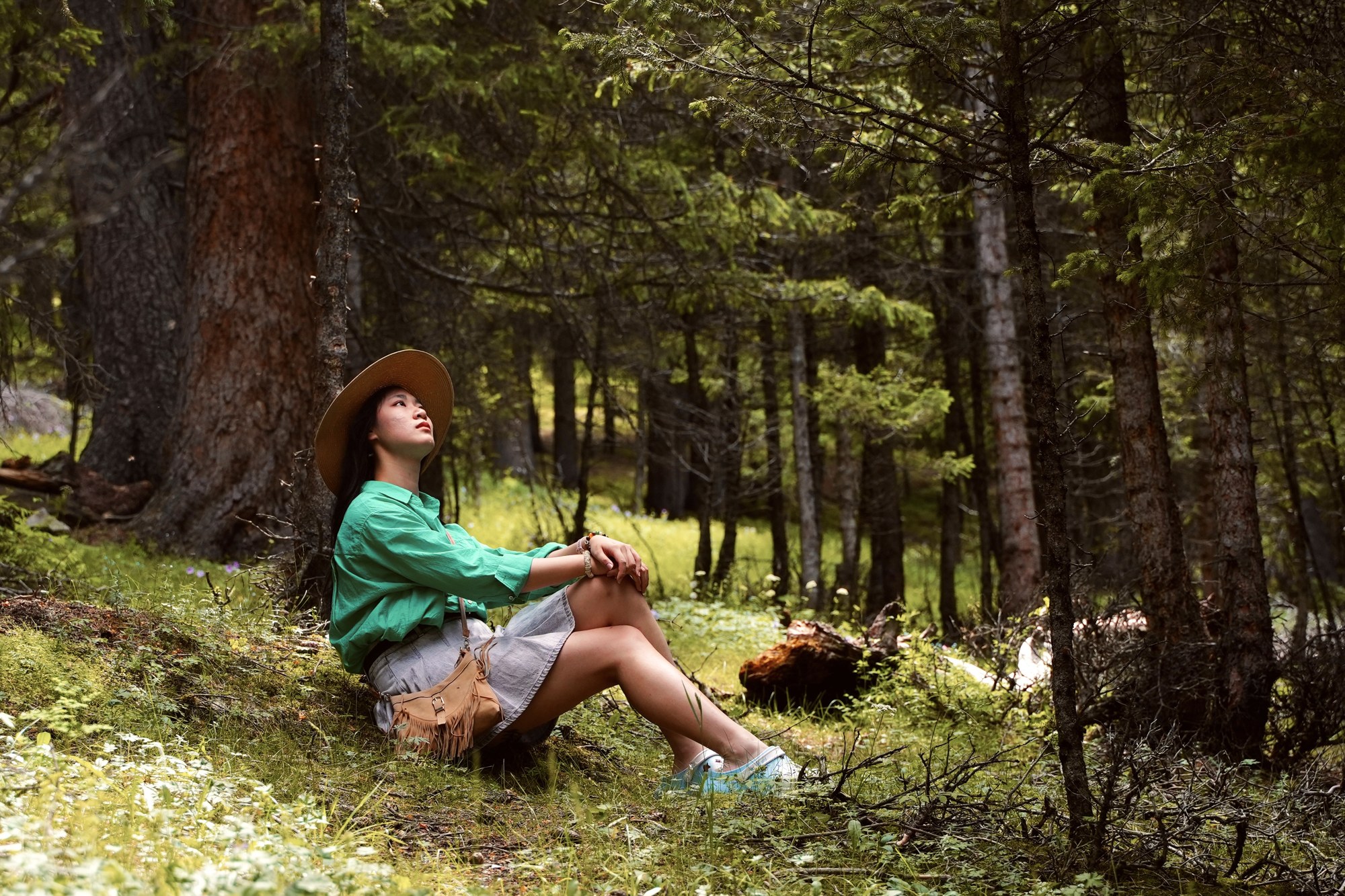 A person seated in a forest