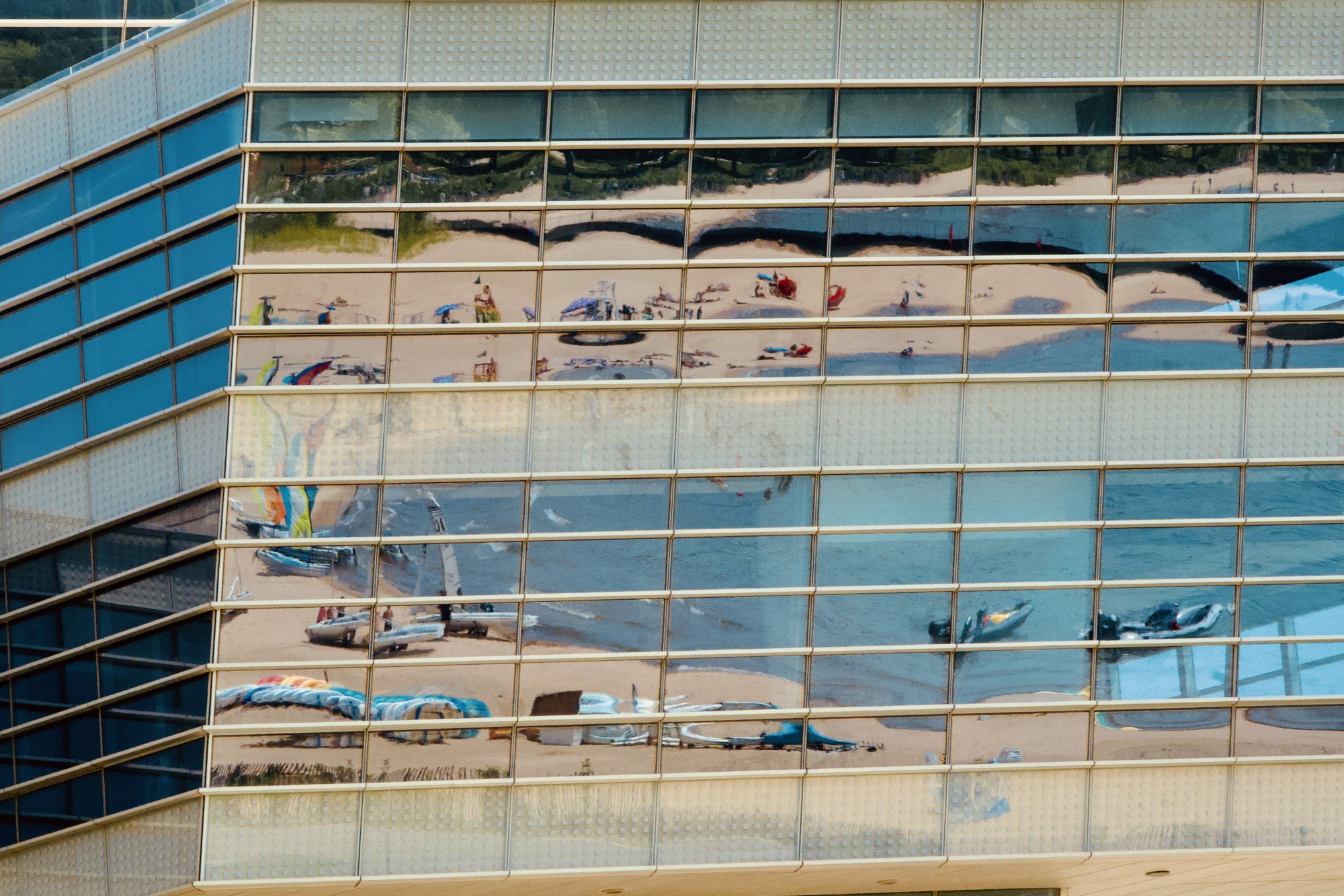 A building reflected in glass