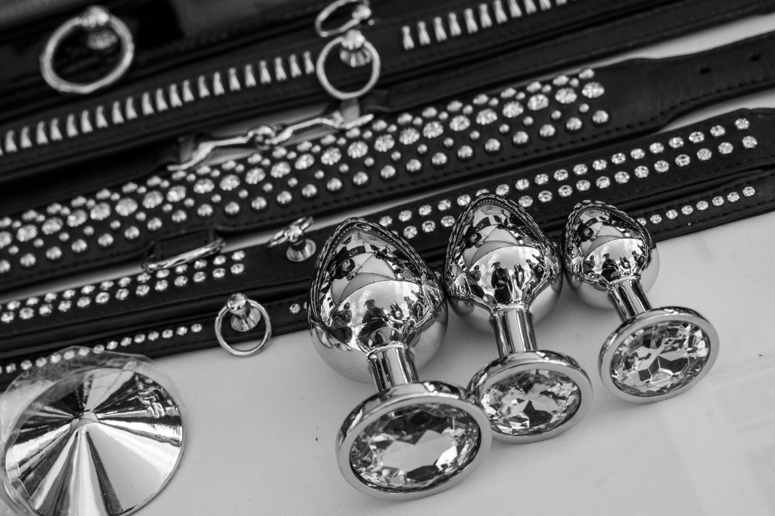 Leather straps and metal accessories sit on display at the 43rd annual Folsom Street Fair in San Francisco on Sept. 27, 2026.