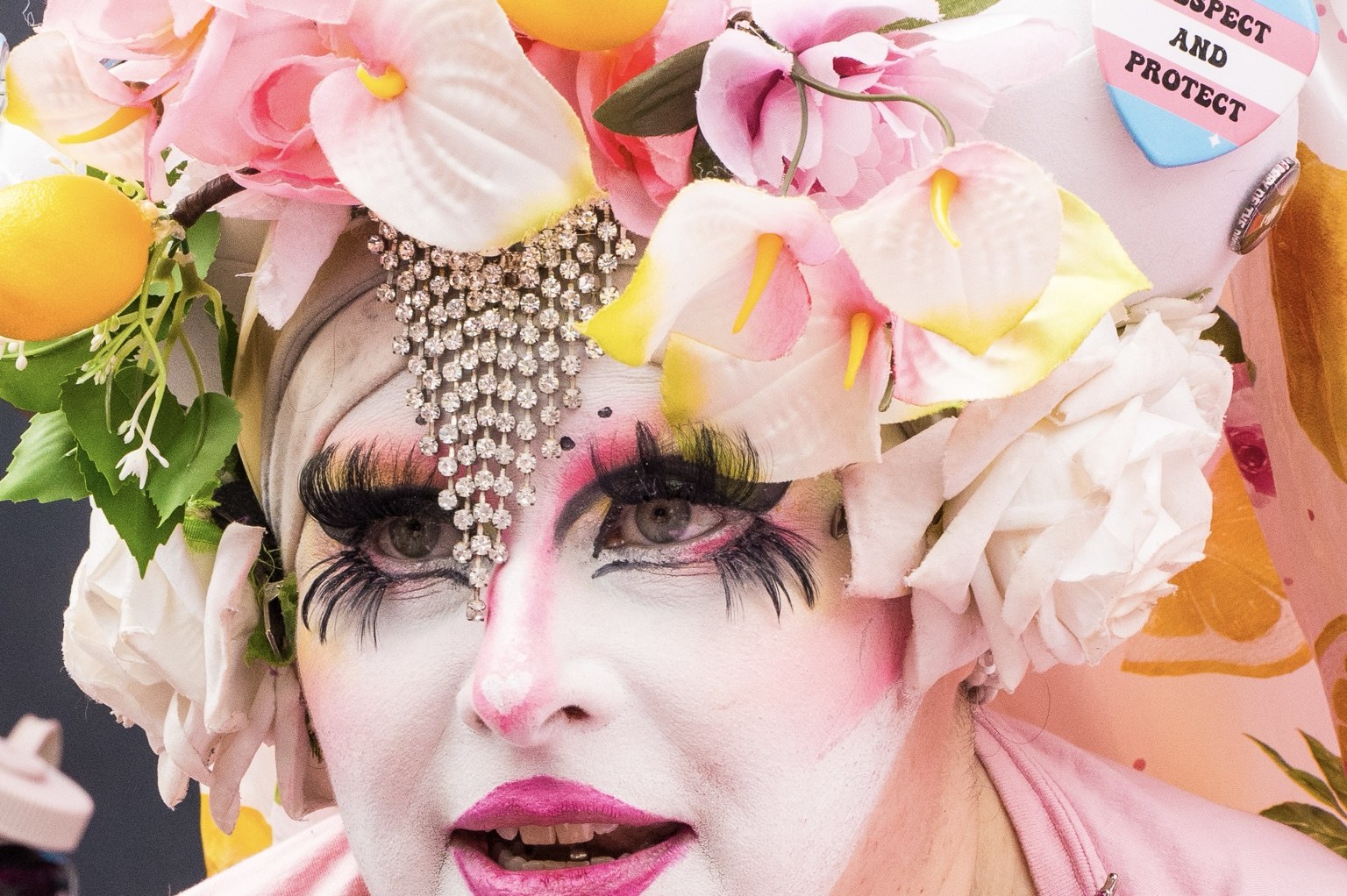 A fairgoer wears a floral headdress and face makeup at the 43rd annual Folsom Street Fair in San Francisco on Sept. 27, 2026.