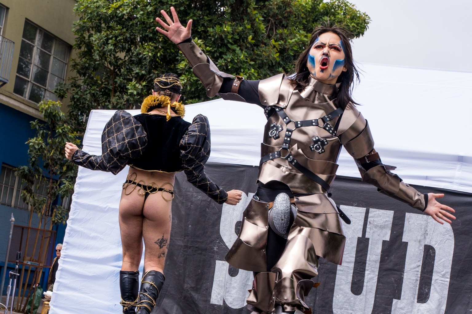 Performers wearing elaborate costumes take the stage at the 43rd annual Folsom Street Fair in San Francisco on Sept. 27, 2026.