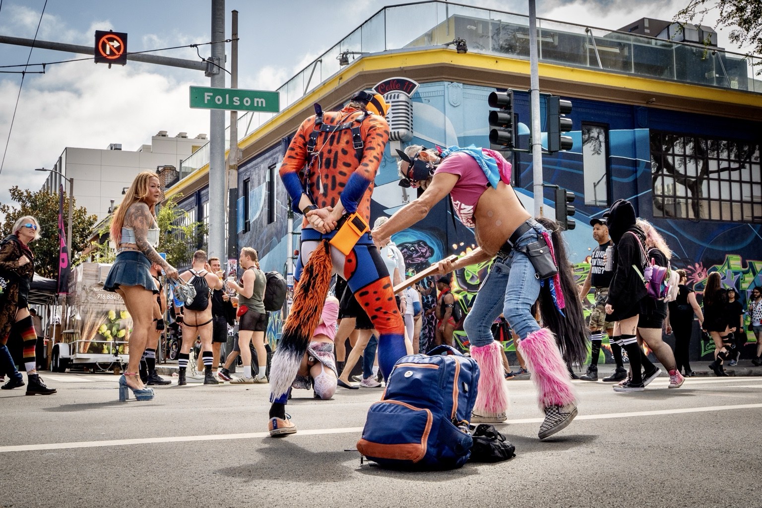 Performers entertain a crowd at the corner of Folsom Street at the 43rd annual Folsom Street Fair in San Francisco on Sept. 27, 2026.