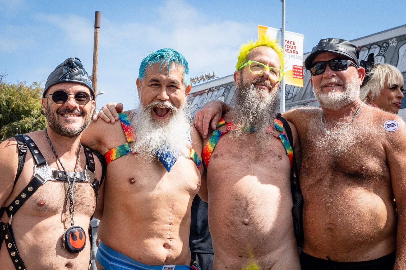 Four fairgoers pose for a portrait at the 43rd annual Folsom Street Fair in San Francisco on Sept. 27, 2026.