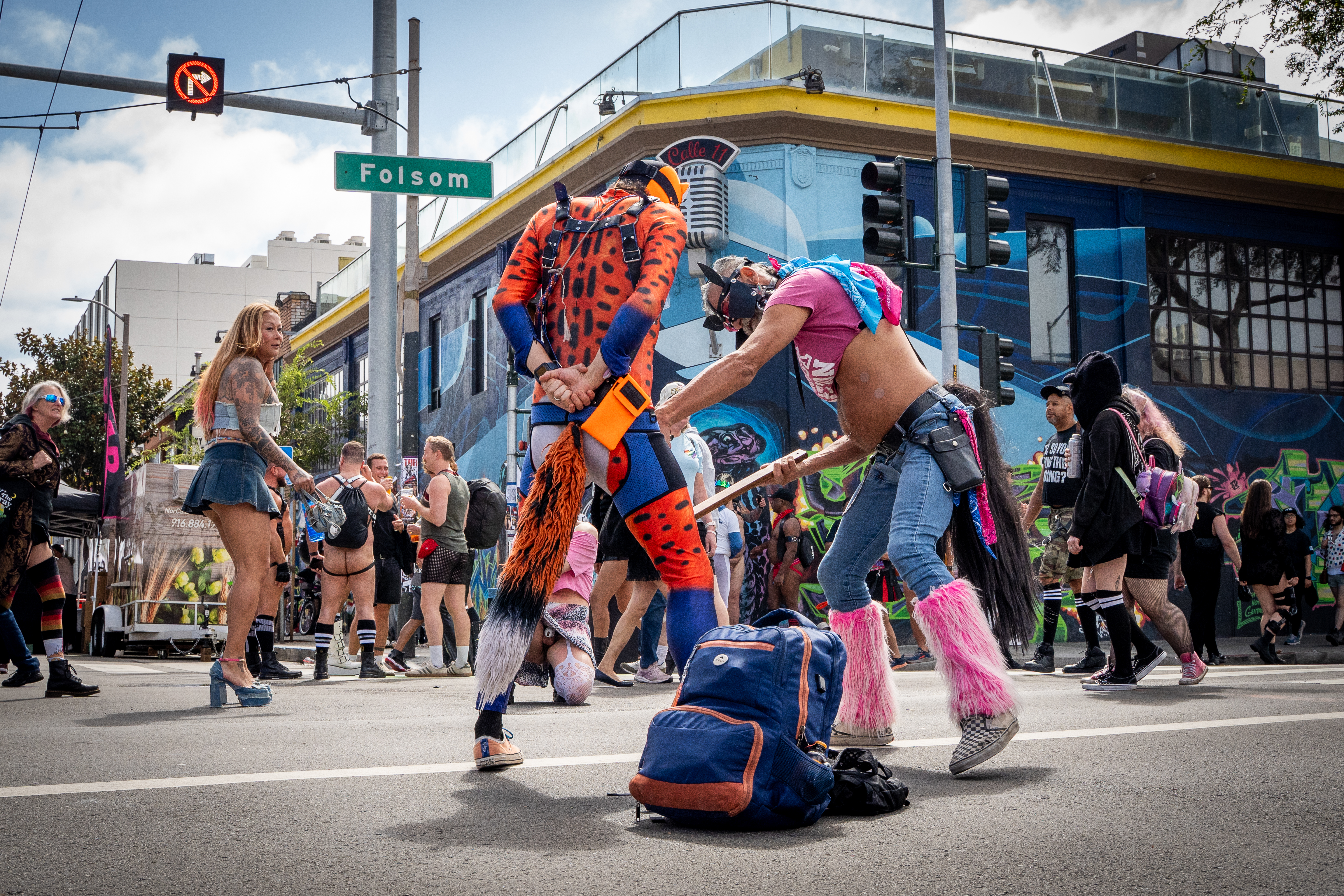 Performers entertain a crowd at the corner of Folsom Street at the 43rd annual Folsom Street Fair in San Francisco on Sept. 27, 2026.